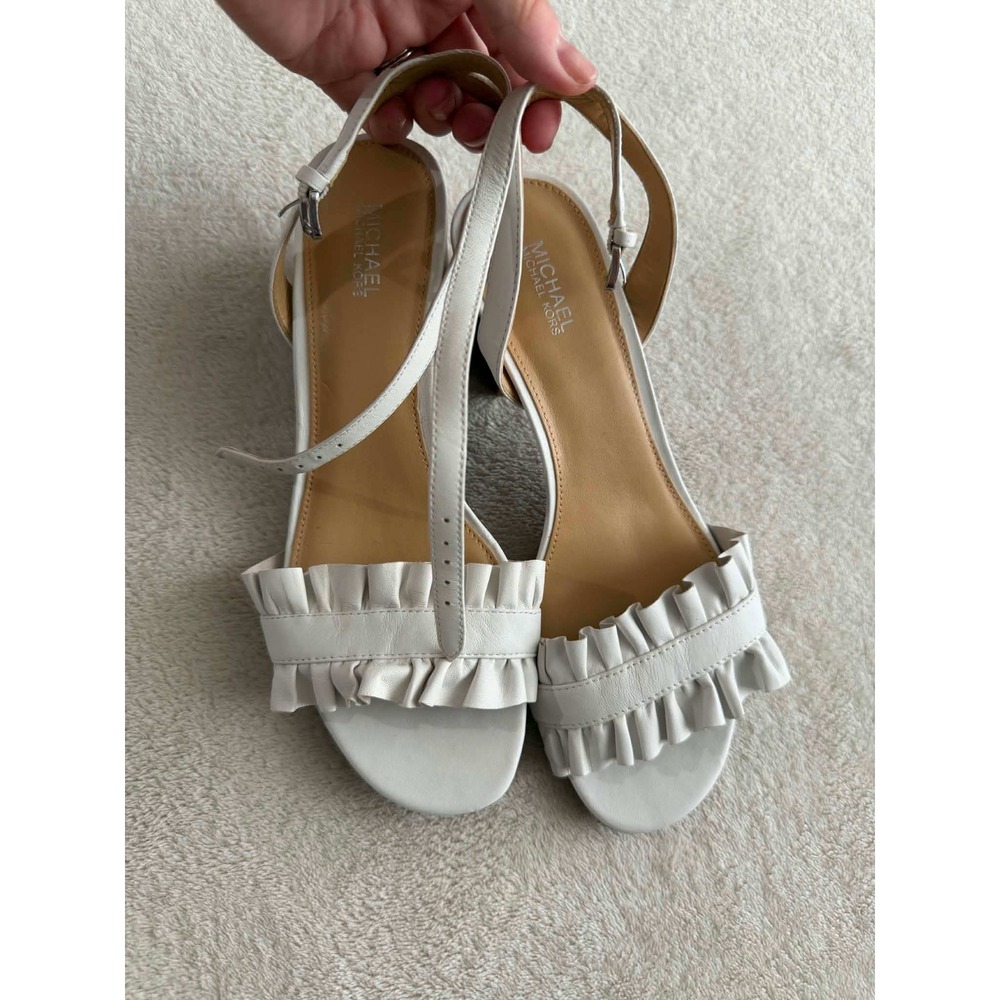 Michael Kors Womens 7 White Sandals Block Heel Ruffle Leather PW17L